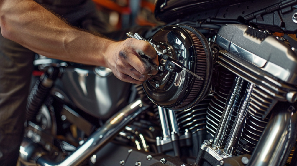 A close-up of a Harley motorcycle engine, highlighting the Automatic Compression Release (ACR) mechanism being repaired by a mechanic with tools, showcasing the intricacies and components involved in fixing ACR malfunctions.