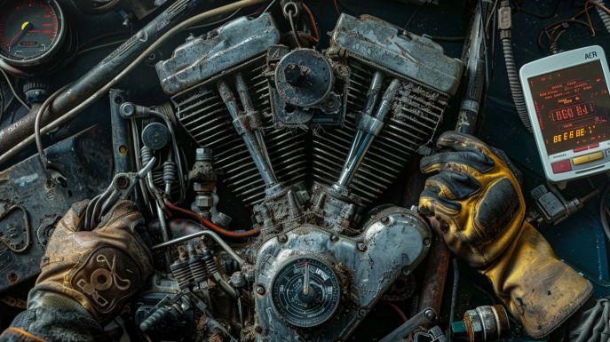 A detailed close-up of a Harley engine with highlighted ACR components, showing wear and damage, surrounded by tools, grease-stained hands, and a diagnostic device displaying error codes.