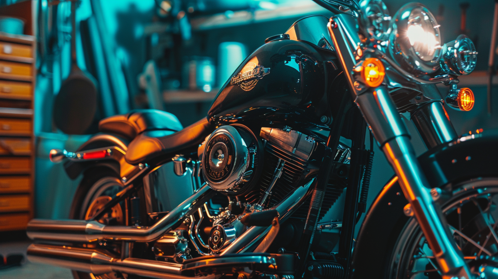 A detailed close-up of a Harley engine with highlighted, glowing compression release valves, surrounded by a serene backdrop of a well-lit garage, showcasing tools and a satisfied mechanic giving a thumbs-up.