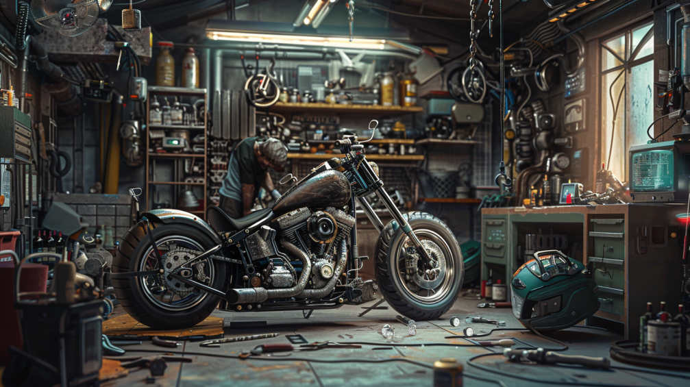 A detailed workshop scene with a Harley motorcycle on a lift, a mechanic using specialized tools, various engine parts laid out, and a diagnostic computer connected to the bike.