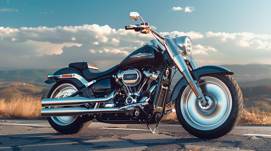 A sleek and polished Harley Fatboy motorcycle under a clear blue sky, gleaming chrome accents, and a wide, sturdy frame, parked on an open road with rolling hills in the background, capturing freedom and power